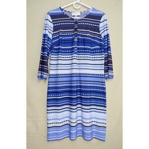 Donna Morgan Midi Shirt Dress Blue Stripe 3/4 Sleeves Stretch Boho Size 10 EUC